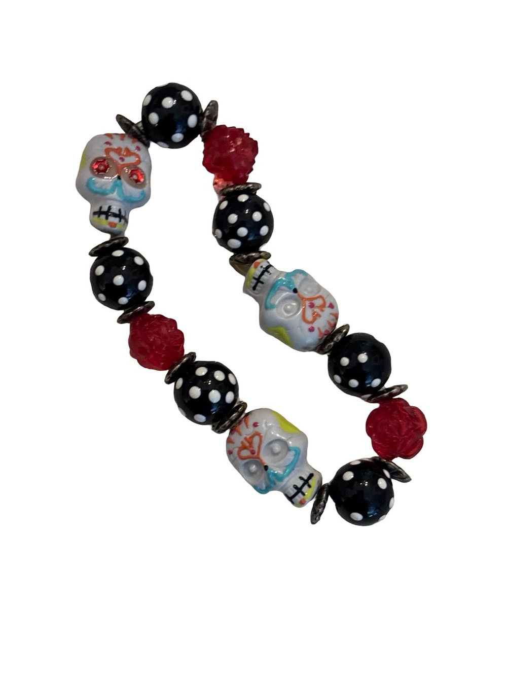Skull Goth Casual Stylish Polka Dot Stretch Bracelet - Black & Red